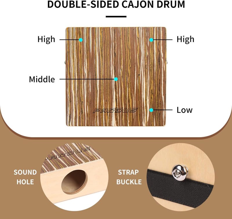 PARDUS Portable Cajon Drum with Removable Snare Straps – Travel Cajon with Dual-Sided Birch & Techwood for Deep and Crisp Sounds – Percussion Musical Instrument – Includes Oxford Carrying Bag - Image 3